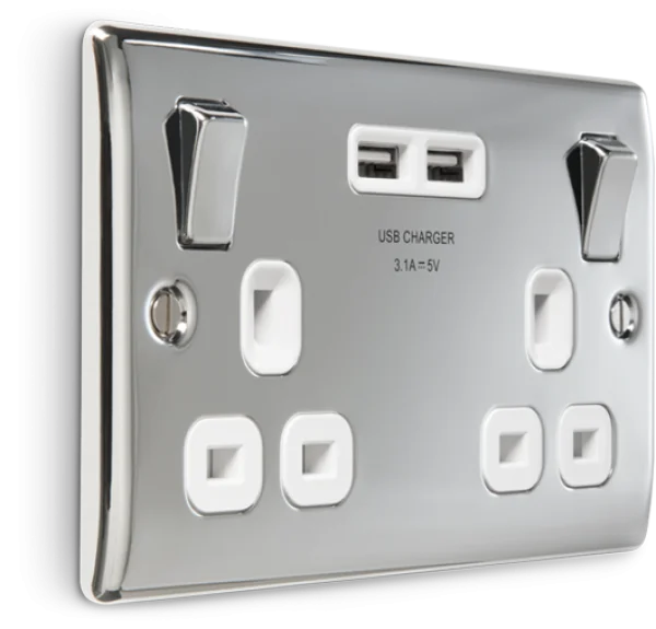 Chrome Double Socket with USB Charger PNG