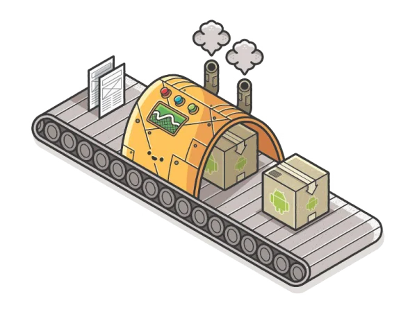 Factory Conveyor Belt with Android Boxes PNG