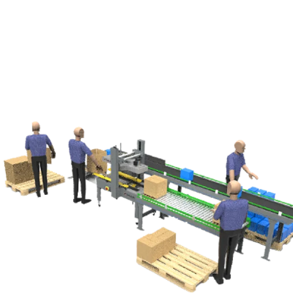 Factory Assembly Line with Workers and Boxes PNG