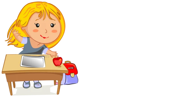 Cartoon Girl Raising Hand at School Desk PNG