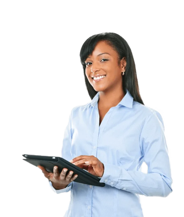 Smiling Woman with Tablet PNG Transparent Background