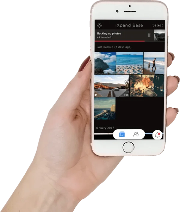 Hand Holding Smartphone with Photo Backup App PNG