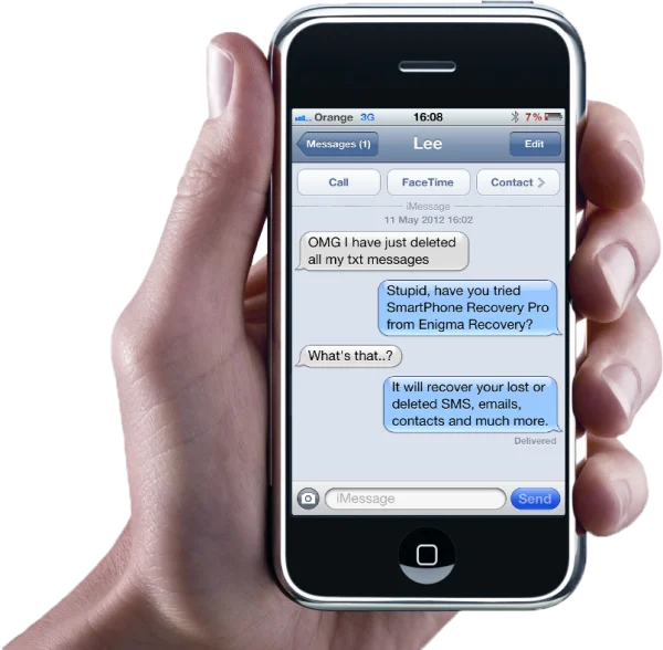 Hand Holding Classic iPhone SMS Conversation PNG