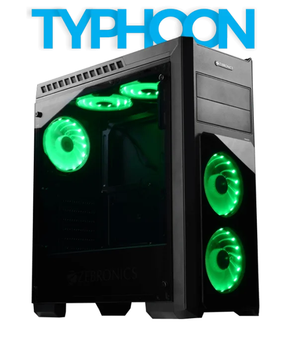 Zebronics Typhoon Gaming PC Case Green LED Fans PNG Transparent