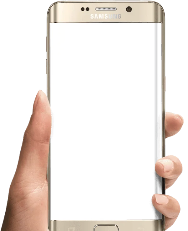Hand Holding Gold Samsung Smartphone PNG with Blank Screen