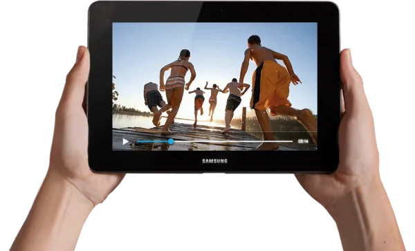Hands Holding Samsung Tablet Playing Video PNG