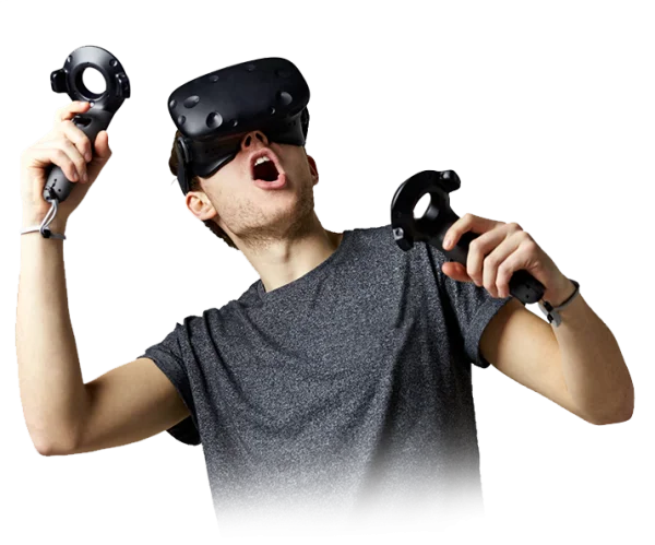 Excited Man with VR Headset and Controllers PNG