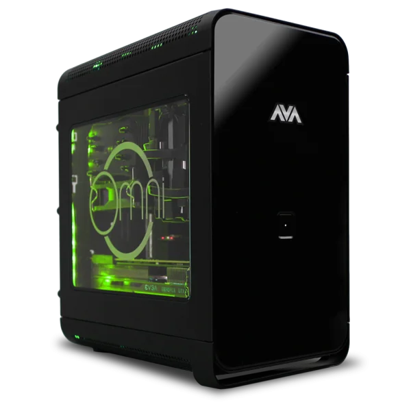 Black Gaming PC with Green Internal Lighting PNG