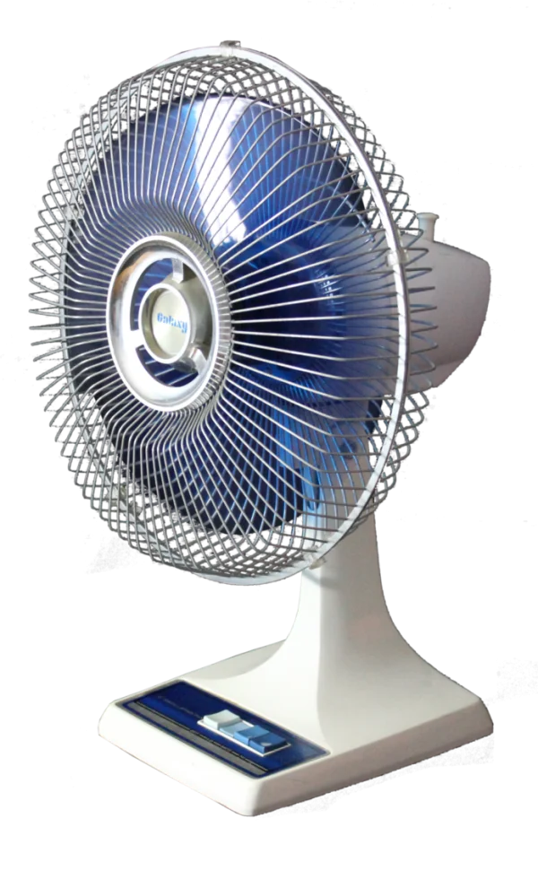 White Table Fan with Blue Blades PNG Transparent Background