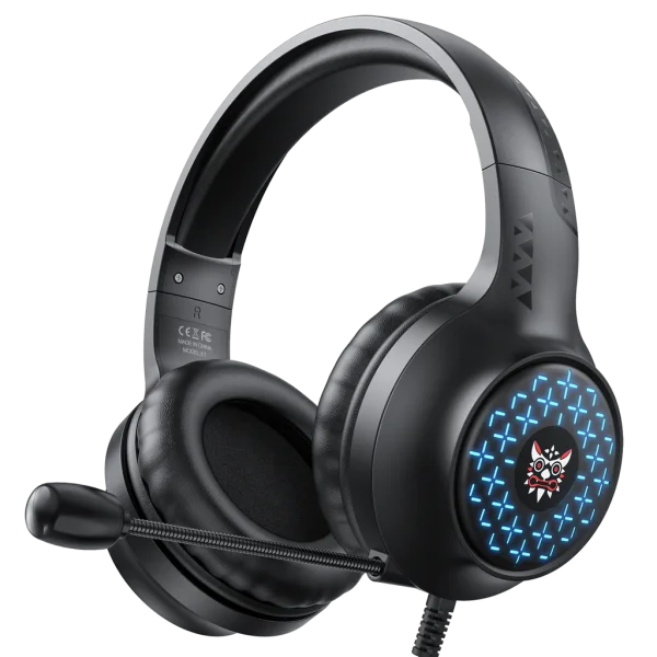 Black Gaming Headset with Blue LED Lights and Mic PNG