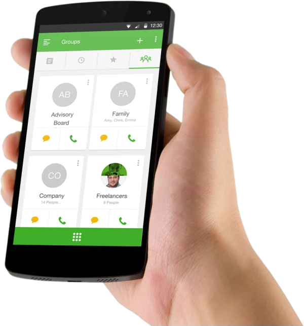 Hand Holding Smartphone with Contact Groups App PNG