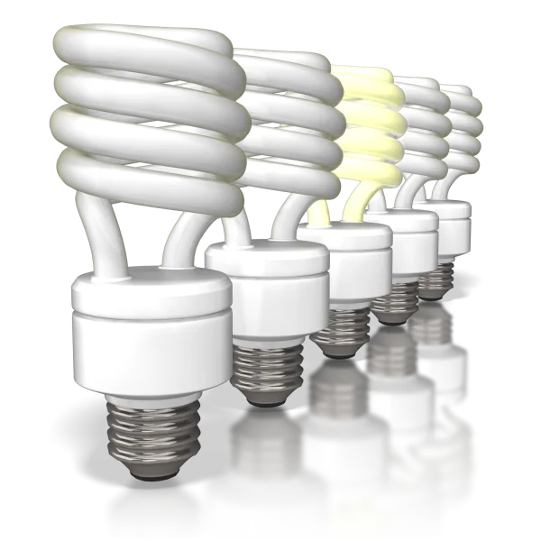 CFL Light Bulbs Row with One Glowing PNG Transparent
