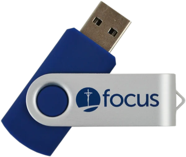 Blue and Silver USB Flash Drive with Focus Logo PNG