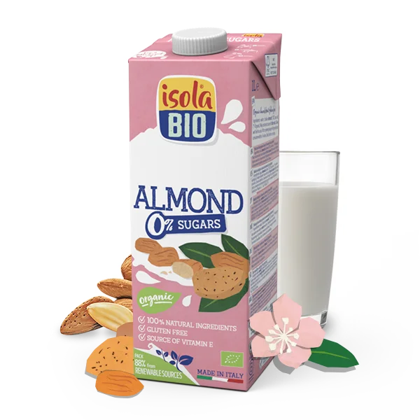 Isola Bio Almond Milk Carton with Glass and Almonds PNG
