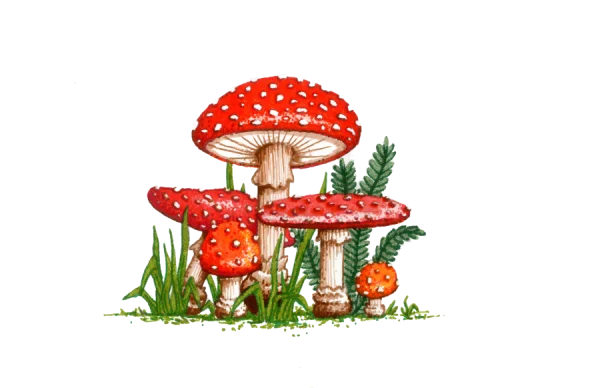 Red Spotted Mushrooms with Grass PNG Transparent Background