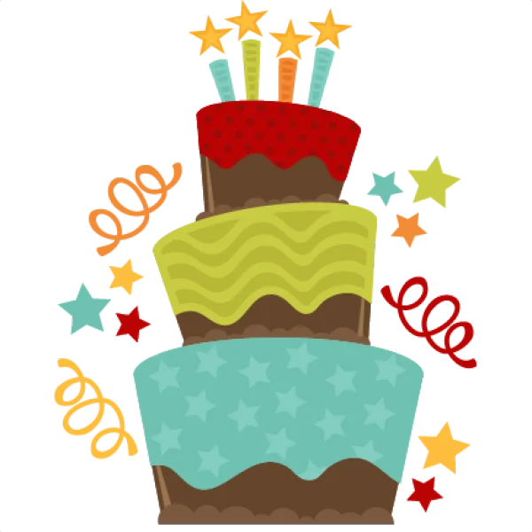 Colorful Tiered Birthday Cake with Stars and Candles PNG