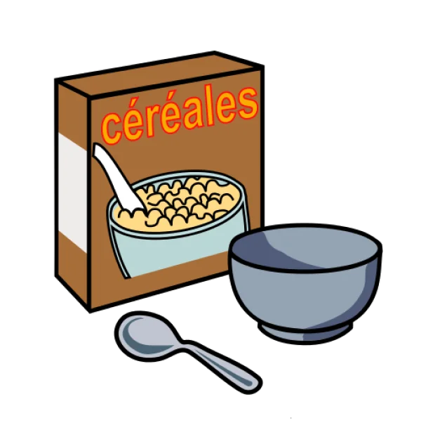Cartoon Cereal Box with Bowls and Spoons PNG