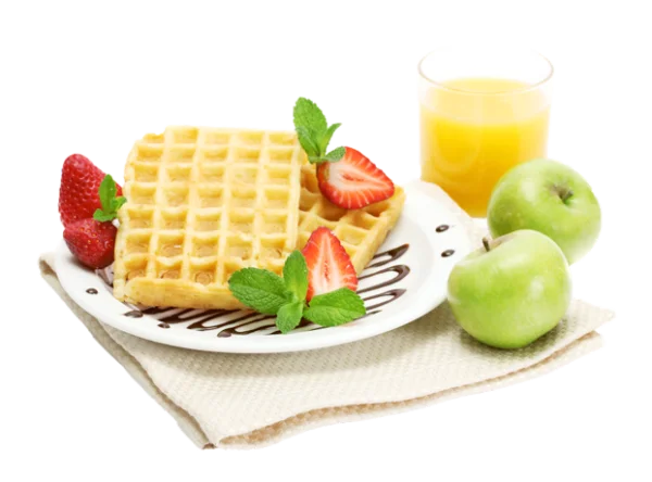 Waffles with Strawberries, Mint, and Orange Juice PNG