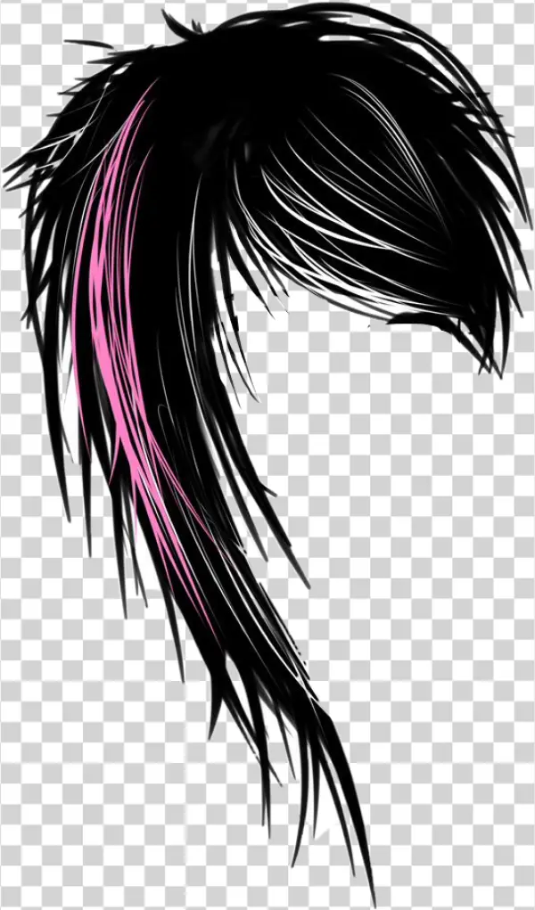 Spiky Black Emo Hair with Pink Streak PNG Transparent Background