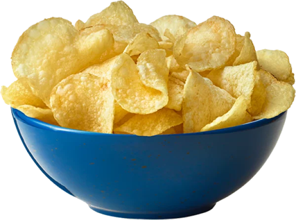 Crispy Potato Chips in Blue Bowl PNG Transparent