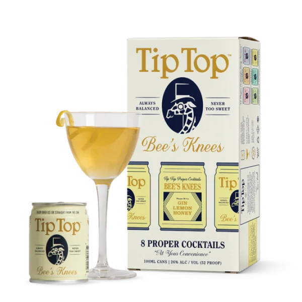 Tip Top Bee's Knees Canned Gin Cocktail Box and Glass PNG
