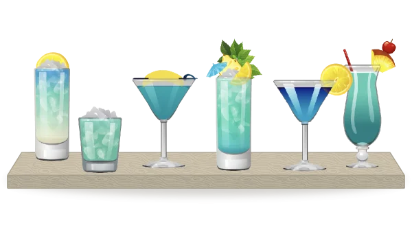 Colorful Blue Cocktails on a Wooden Bar PNG