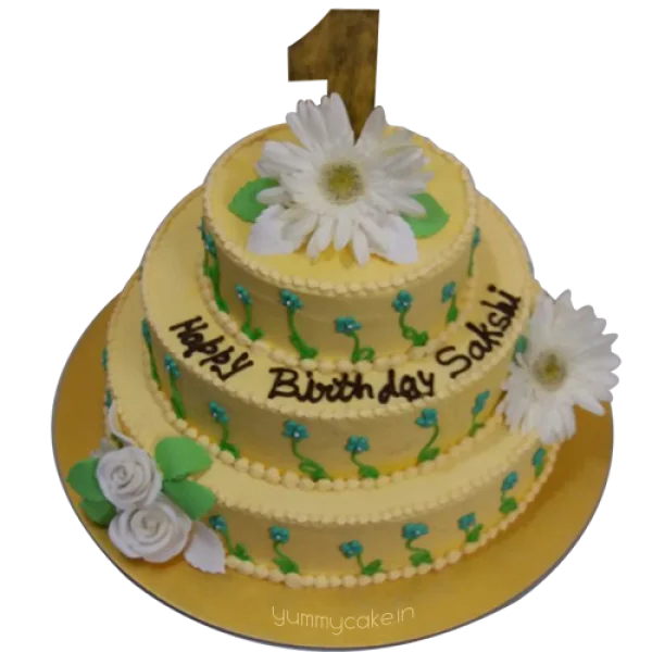 Three Tier Yellow Birthday Cake with Number 1 Topper