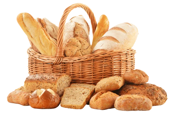 Assortment of Fresh Breads in Wicker Basket PNG