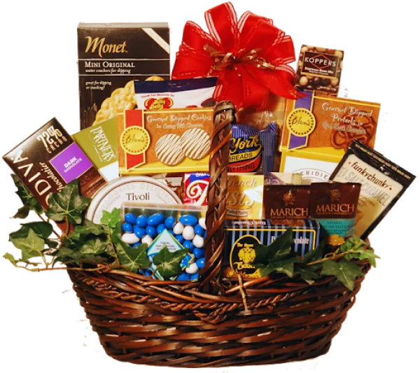 Gourmet Gift Basket with Red Bow PNG Transparent Background