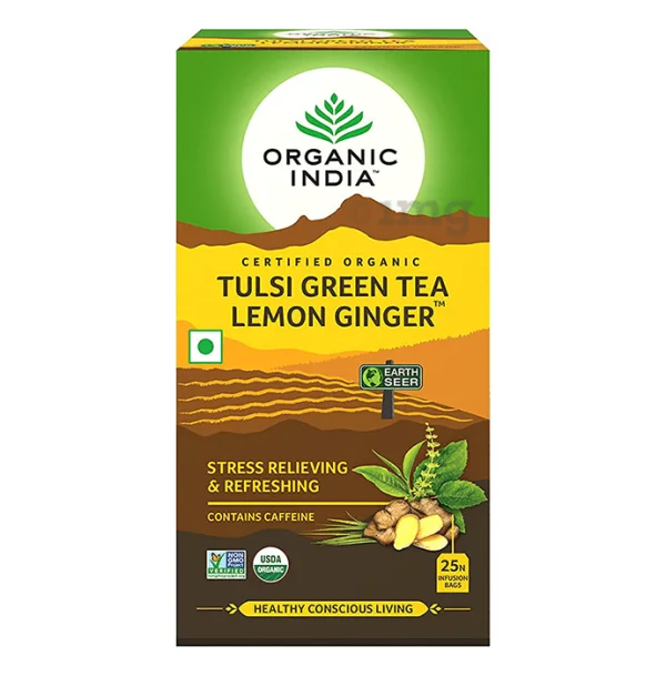 Organic India Tulsi Green Tea Lemon Ginger Box PNG