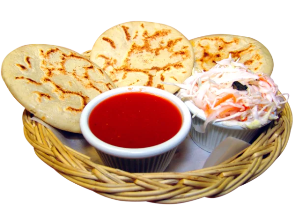 Pupusas with Sauce and Curtido in Basket PNG Transparent Background
