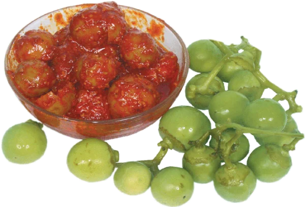 Indian Berry Pickle and Fresh Green Solanum Fruits PNG