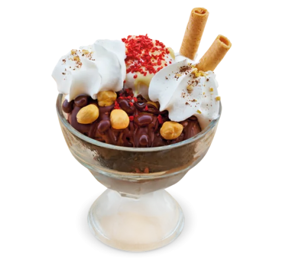 Delicious Ice Cream Sundae with Hazelnuts and Whipped Cream PNG