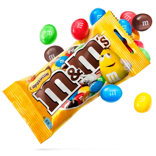 M&M's Peanut Candies Bag with Scattered Candies PNG