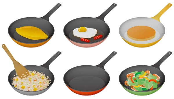 Frying Pans with Various Cooked Foods PNG