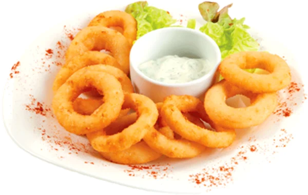 Crispy Onion Rings with Dip and Lettuce PNG