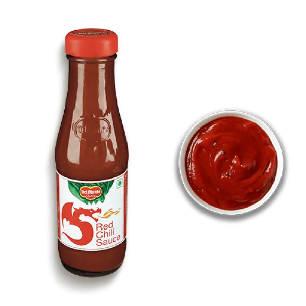 Del Monte Red Chili Sauce Bottle and Bowl PNG Transparent Background
