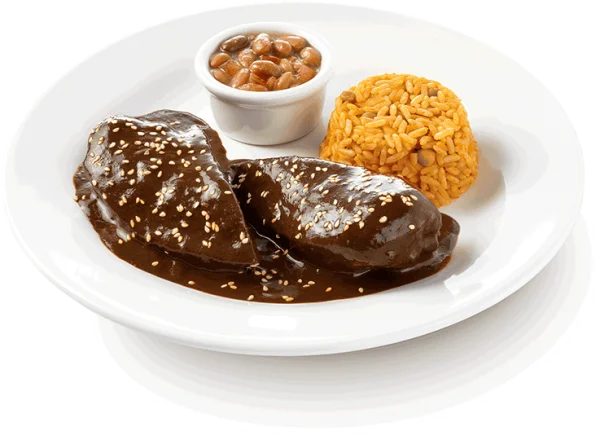 Chicken Mole Dish with Rice and Beans PNG Transparent Background
