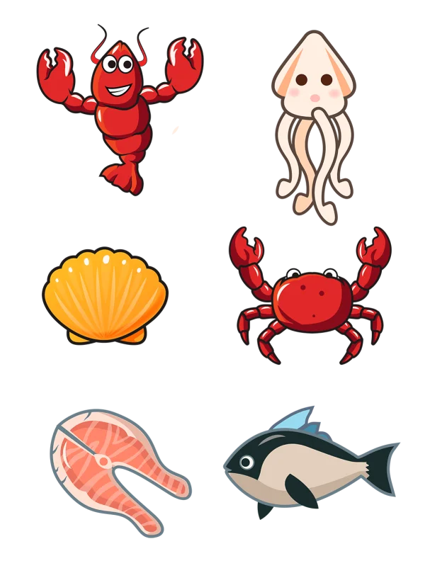 Cartoon Seafood & Sea Creatures PNG Pack Transparent Background
