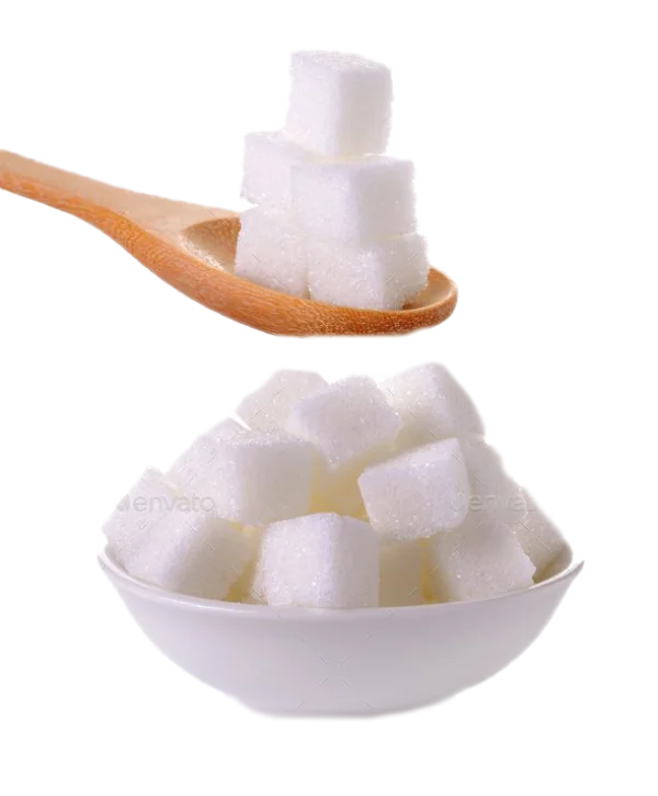 Sugar Cubes in Wooden Spoon and White Bowl PNG