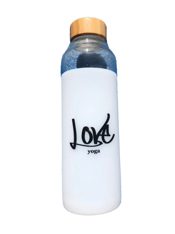 White Water Bottle with Bamboo Lid and Love Yoga Logo PNG