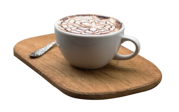 Latte Art Coffee Cup on Wooden Board PNG Transparent Background