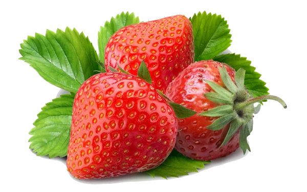 Three Fresh Strawberries with Leaves PNG Transparent Background