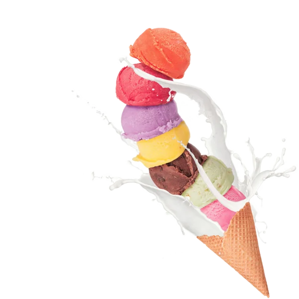 Colorful Ice Cream Cone with Milk Splash PNG