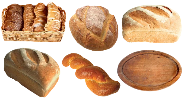 Assorted Bakery Breads and Wooden Board PNG