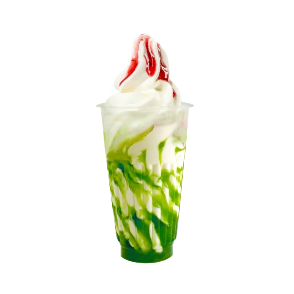Green Swirl Soft Serve Ice Cream with Strawberry Sauce PNG