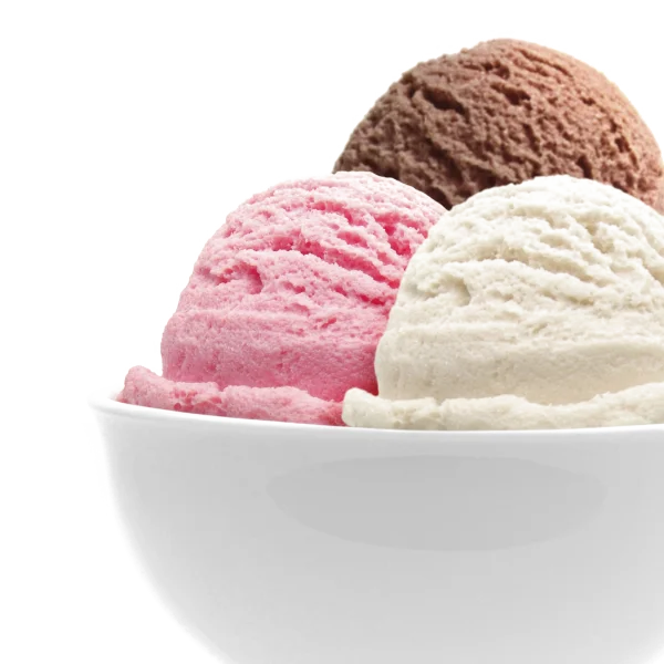 Mixed Ice Cream Scoops in White Bowl PNG