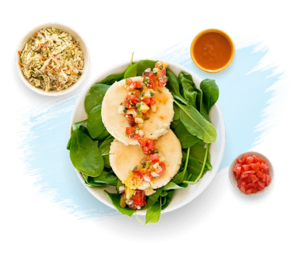 Savory Arepas Meal with Fresh Salsa and Salad PNG
