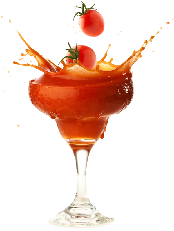Tomato Juice Splash in Cocktail Glass with Cherry Tomatoes PNG