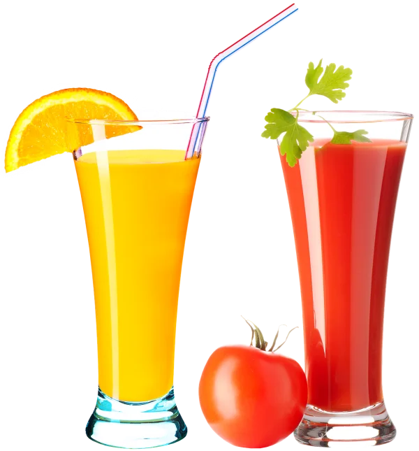 Fresh Orange and Tomato Juice Glasses PNG